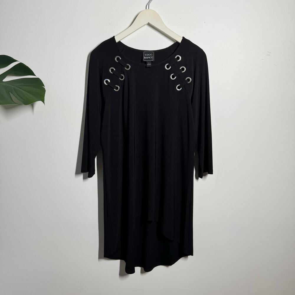 Coco Bianco Top Women L Black Stretchy Tunic Closet Staple 3/4 Sleeve Minimal